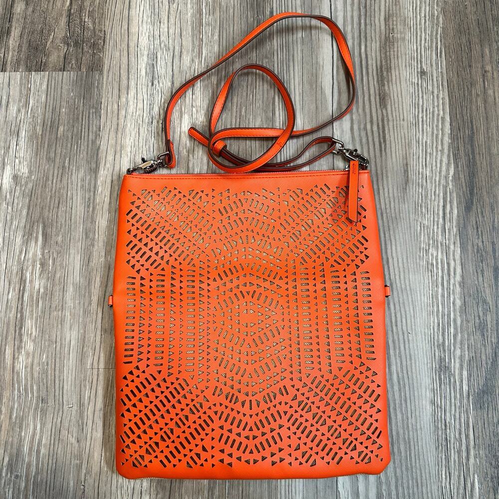 Stella & Dot Waverly Petite Crossbody Fresh‎ Orange Linen Clutch Vegan Leather